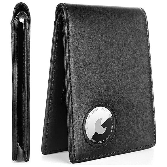 AirTag Wallet - Bifold Genuine Leather Mens Minimalist Wallet , Charcoal Black